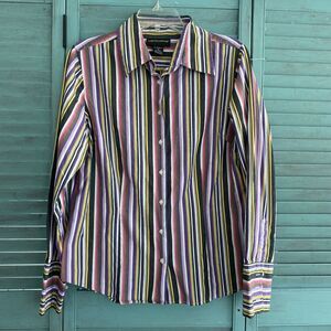 Metro Style Button Up Collared Shirt ~ Sz 14 ~ Black & Pink ~ Long Sleeve